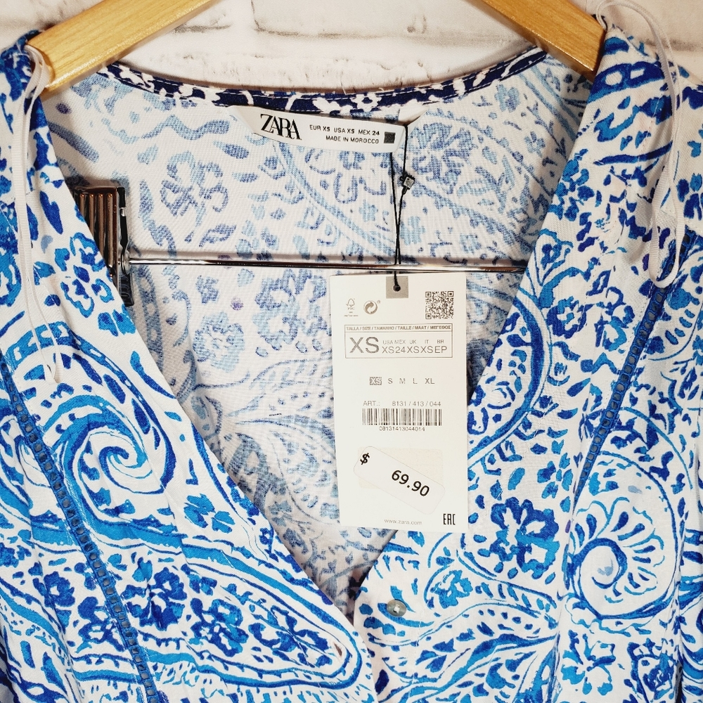 Zara printed tunic midi maxi dress white xs small nwt - Picture 4 of 7